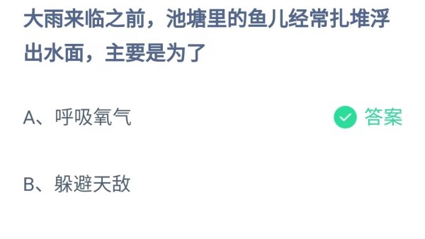 蚂蚁庄园：大雨来临之前池塘里的鱼儿经常扎堆浮出水面主要是为了